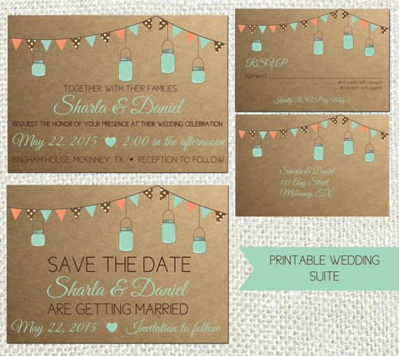 زفاف - Printable, Wedding Invitation, Rustic Mason Jar Style, Custom Wedding Save the Date