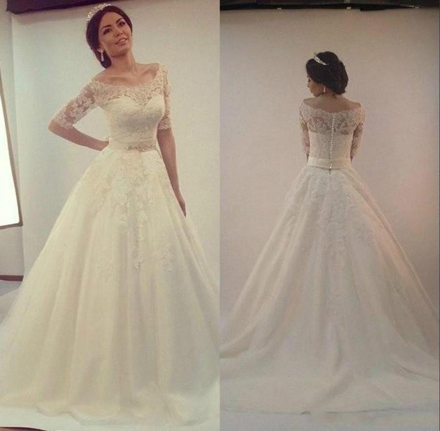 Mariage - Elegant Real Image Wedding Dresses Half Sleeve 2016 Sheer Tulle Ivory A Line Applique Lace Bridal Ball Gowns Chapel Train Vestido De Novia Online with $121.94/Piece on Hjklp88's Store 