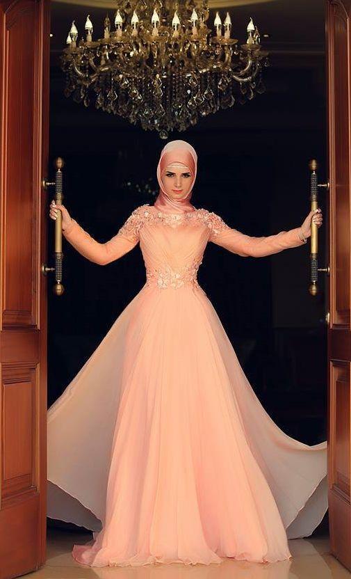 Wedding - Romantic 2016 High Neck Wedding Dresses Arabic Muslim Long Sleeve Beaded A Line Applique Bridal Ball Gown Winter Fall Floor Length Chiffon Online with $125.5/Piece on Hjklp88's Store 