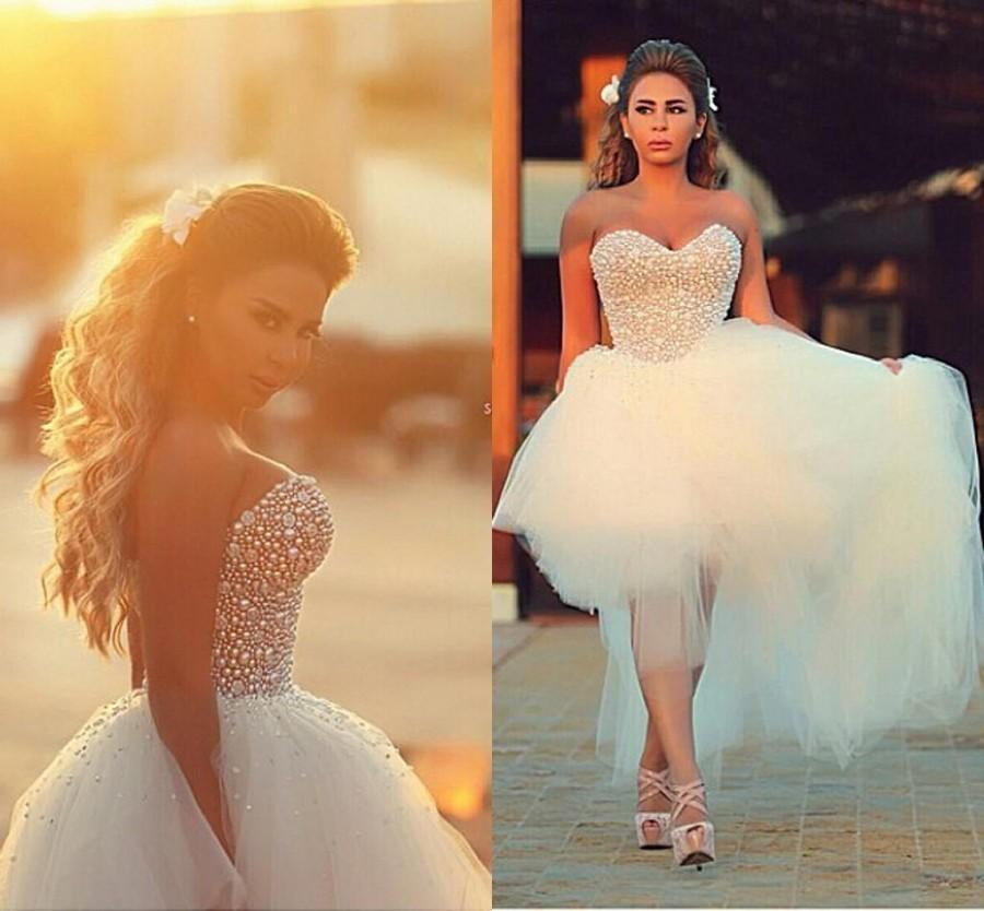 Wedding - Romantic Garden High Low 2016 Wedding Dresses Perals Crystal Beaded Tulle Sweetheart Asymmetrical Dress Wedding Style Bridal Gowns Ball Online with $128.17/Piece on Hjklp88's Store 