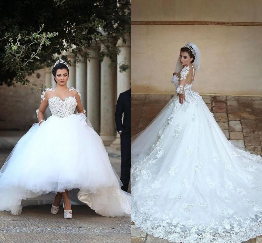 Wedding - Gorgeous Said Mhamad Lace Wedding Dresses 2016 Sheer Neck Long Sleeves Bridal Ball Gowns White Tulle Illusion Appliques Dress Wedding Style Online with $146.86/Piece on Hjklp88's Store 