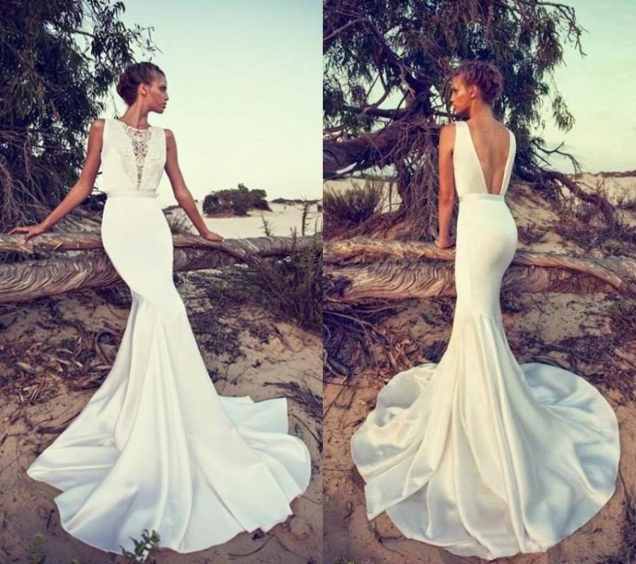 Mariage - 2015 Liz Martinez Wedding Dresses Sexy Boho Lace Bateau Neck Backless Mermaid Satin Court Train Beach Bridal Gowns Online with $84.54/Piece on New-open201088's Store 