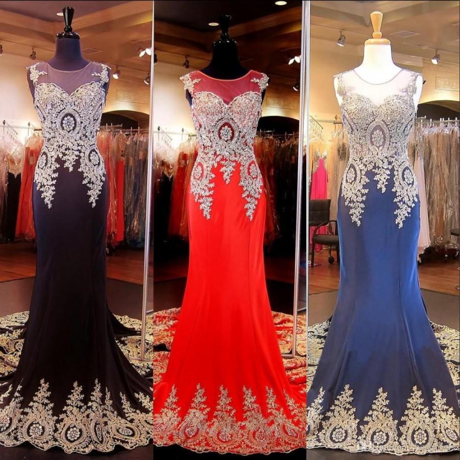 Свадьба - 2016 Hot Selling Real Image Evening Dresses Sheer Crew Neck Appliques Sweep Train Mermaid Chiffon Long Party Prom Dresses Evening Gowns Online with $123.72/Piece on Hjklp88's Store 