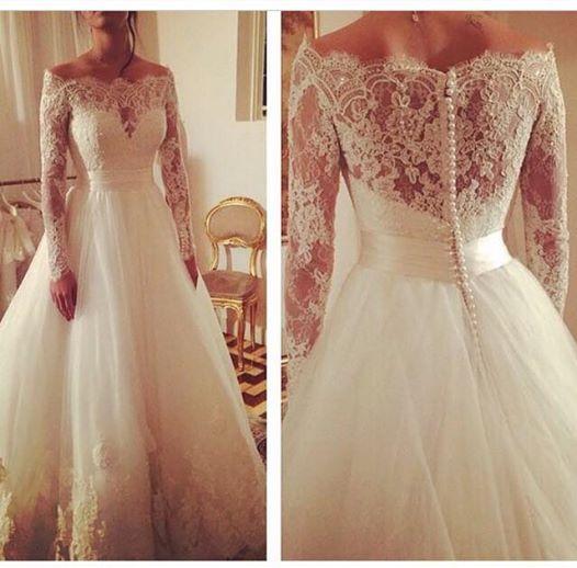 Hochzeit - Real Picture New 2016 Wedding Dresses Ball Gowns Sheer A-line Off Shoulders Elegant Long Sleeve Bridal Dress Covered With Button Cover Online with $122.83/Piece on Hjklp88's Store 