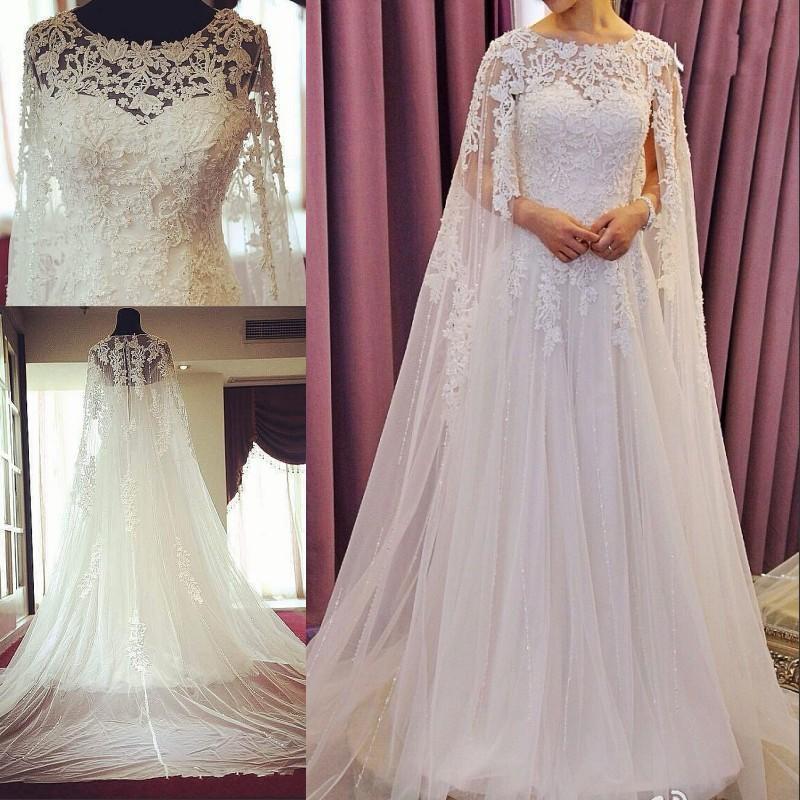 Свадьба - Exquisite Lace Wedding Dresses With Wrap 2016 Real Image Tulle Crew Sheer Applique Sequins A-Line Chapel Train Bridal Ball Gowns Custom Online with $129.06/Piece on Hjklp88's Store 