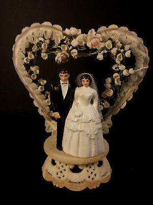 Wedding - Vintage Bride And Groom In 2 Heart Background Cake Topper 