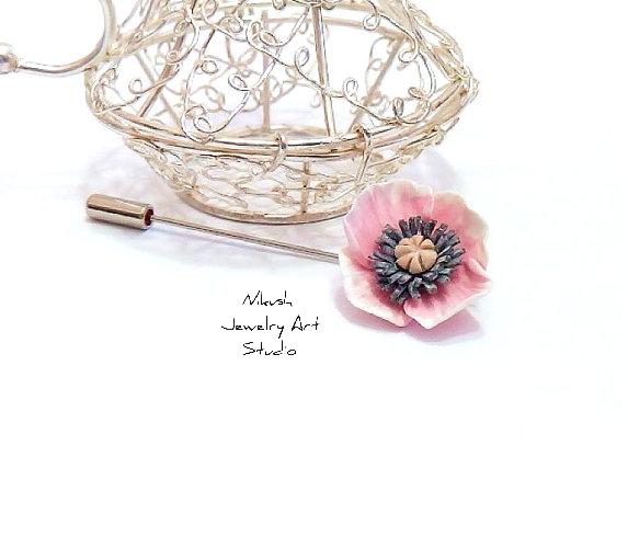 Hochzeit - Pink Poppy Lapel Flower Boutonniere bY Nikush Jewelry Art Studio