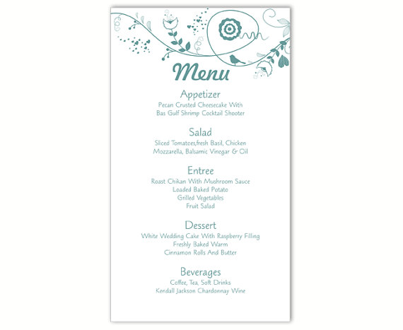 Свадьба - Wedding Menu Template DIY Menu Card Template Editable Text Word File Instant Download Blue Menu Bird Menu Card Floral Printable Menu 4x7inch