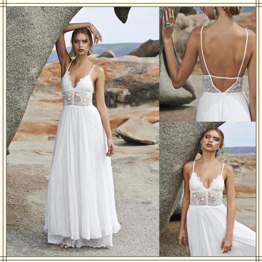 Wedding - Amzing Bohemian Style Wedding Dresses Chiffon Garden Backless Lace Spaghetti Straps Beach Sexy Backless 2016 Bridal Dress Ball Gowns Online with $122.83/Piece on Hjklp88's Store 