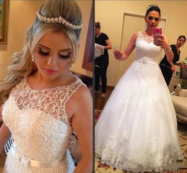 Wedding - Elegant 2016 Beads Wedding Dresses Sheer Sash Real Image Lace Tulle Plus Size Chapel Train Dress Wedding Style Church Bridal Ball Gowns Online with $126.39/Piece on Hjklp88's Store 