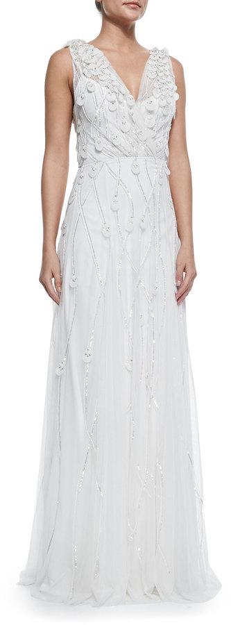 Mariage - Rachel Gilbert Elsie Petal-Embellished Sequined Gown, Ivory