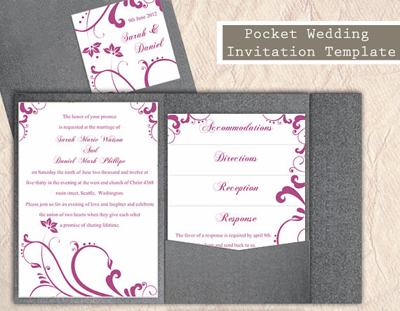 Wedding - Pocket Wedding Invitation Template Set DIY Download EDITABLE Text Word File Eggplant Invitation Violet Invitation Printable Floral Invites