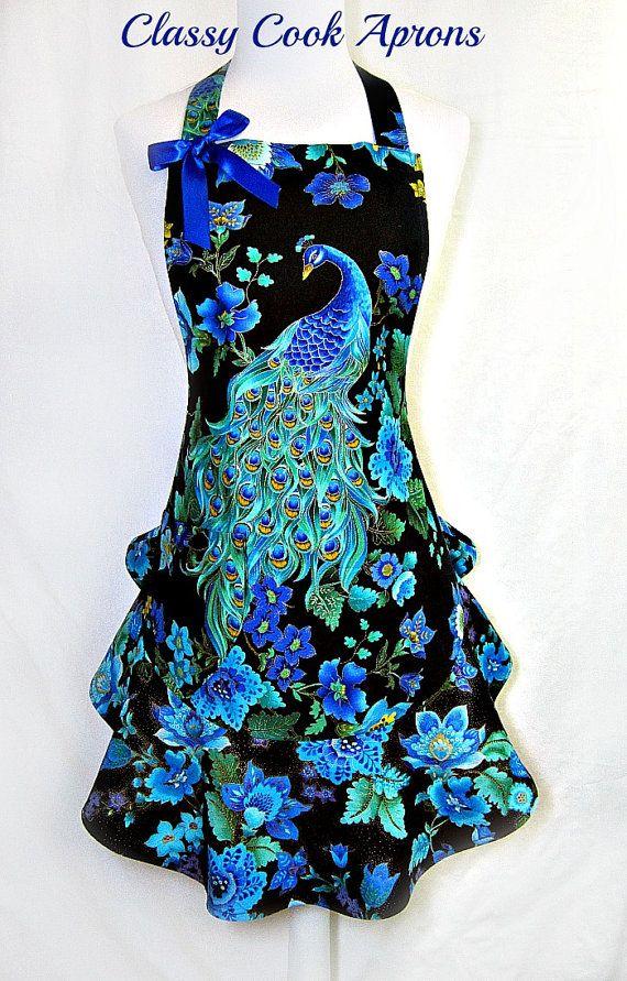 Hochzeit - Apron PEACOCK In Blue Green & GOLD Accents On Black, Ruffled GLAMOUR Hostess, Elegant Pretty Party Gift