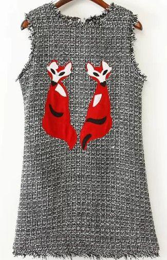 زفاف - Black Sleeveless Fox Embroidered Fringe Dress - Sheinside.com