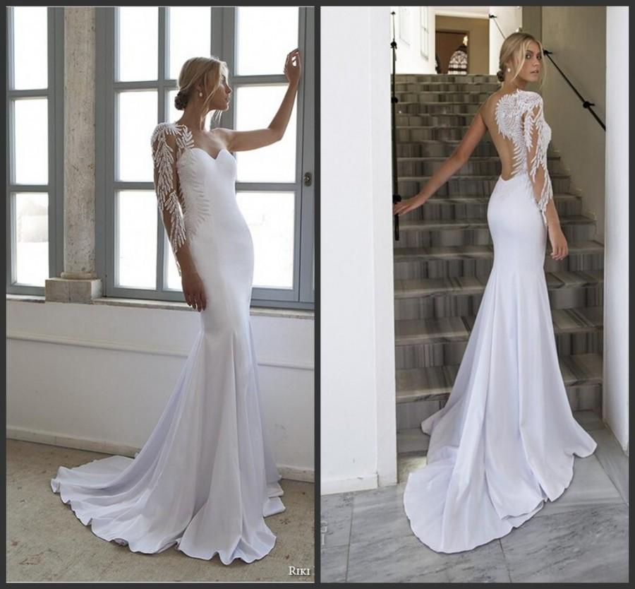 Hochzeit - Sexy Mermaid Riki Dalal Wedding Dresses 2016 White Garden Satin Beaded Fitted Chapel Train Bridal Gowns Vestidos De Noiva Backless Spring Online with $132.62/Piece on Hjklp88's Store 