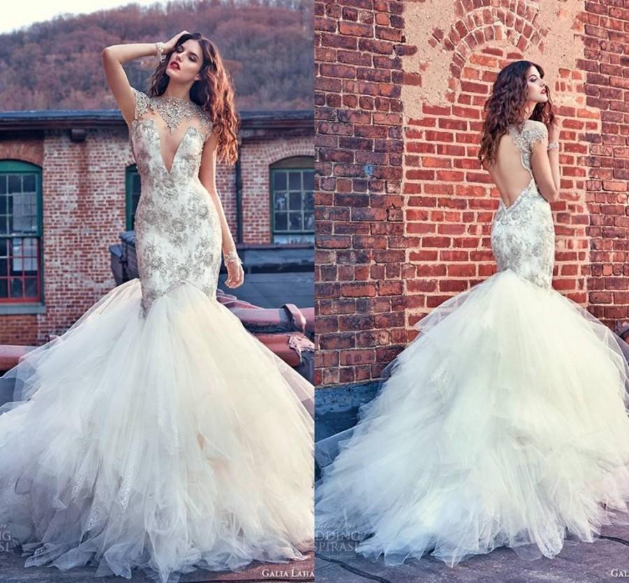 Sexy Galia Lahav Wedding Dresses 2016 Mermaid Crew Neck Sheer Garden Backless Beads Crystals 9978