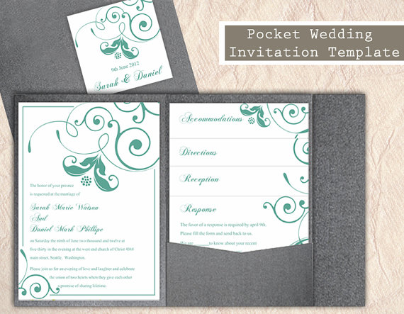 Mariage - Pocket Wedding Invitation Template Set DIY Download EDITABLE Text Word File Mint Green Wedding Invitation Printable Floral Teal Invitations