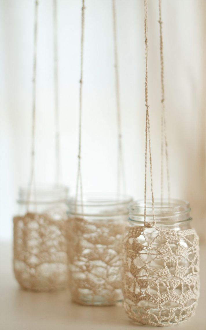 زفاف - Set Of 3 Crochet Lace Mason Jar Hangers