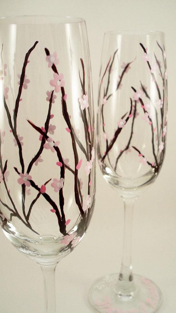 Mariage - Cherry Blossom Hand Painted Champagne Flutes; Personalized Toasting Flutes - Set Of 2