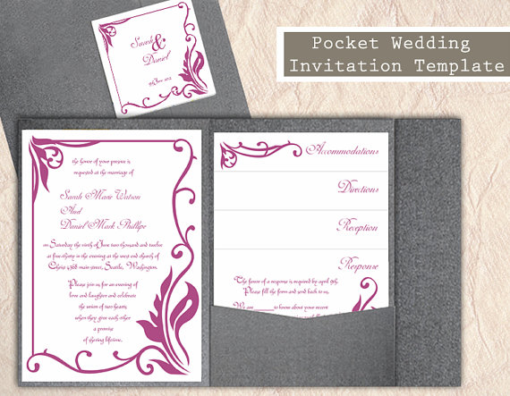 Mariage - Pocket Wedding Invitation Template Set DIY Download EDITABLE Text Word File Eggplant Invitation Mauve Invitation Printable Floral Invites