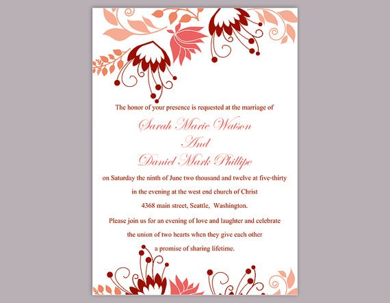Mariage - DIY Wedding Invitation Template Editable Word File Instant Download Peach Wedding Invitation Coral Floral Invitations Printable Invitation