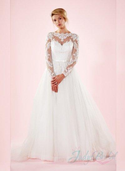 Wedding - modest illusion lace bateau neck full tulle princess ball gown wedding dress