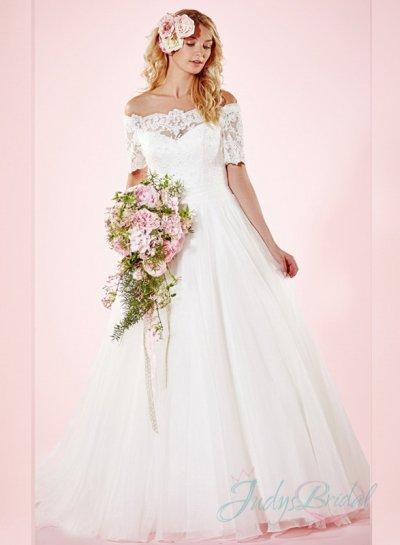 Wedding - JW16095 straight neckline off shoulder organza ball gown wedding dress