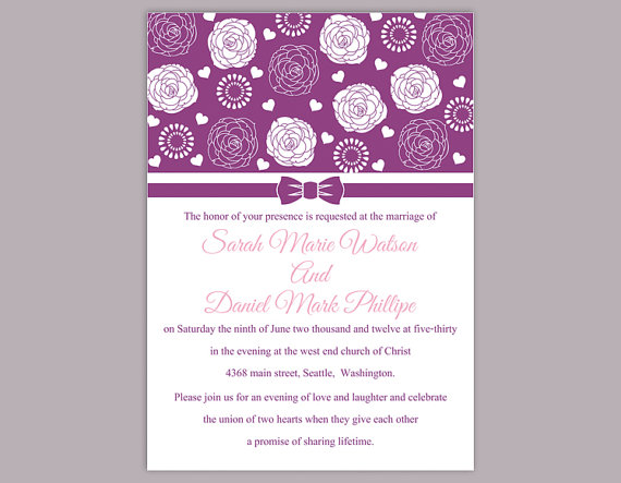 Свадьба - DIY Wedding Invitation Template Editable Word File Instant Download Printable Purple Wedding Invitation Floral Rose Wedding Invitation