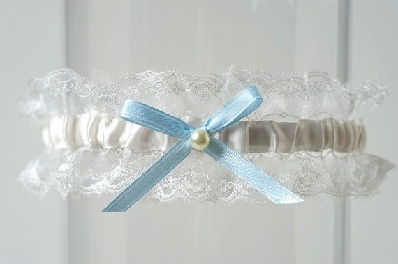 Hochzeit - Wedding Garter Ivory Lace Baby Blue Bow Something Blue Bridal Garter "Annabelle"