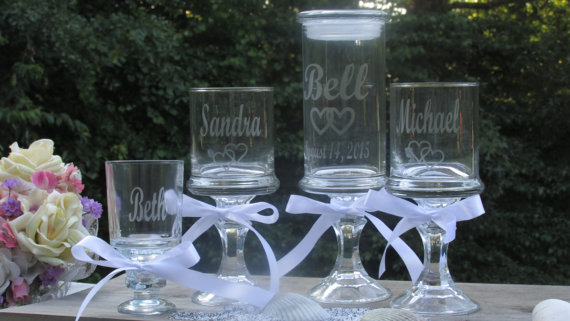 Hochzeit - Blended Family of 3 Unity Sand Set / 4 Piece Apothecary / Linked Hearts / Personalized / Etched Toasting Glasses / Children / Choice of Font