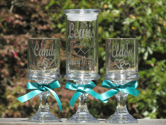 Wedding - Unity Sand Ceremony Set / Personalized / Pedestaled Apothecary / Etched Toasting Glasses / Linked Hearts / Sand Ceremony / Choice of Fonts
