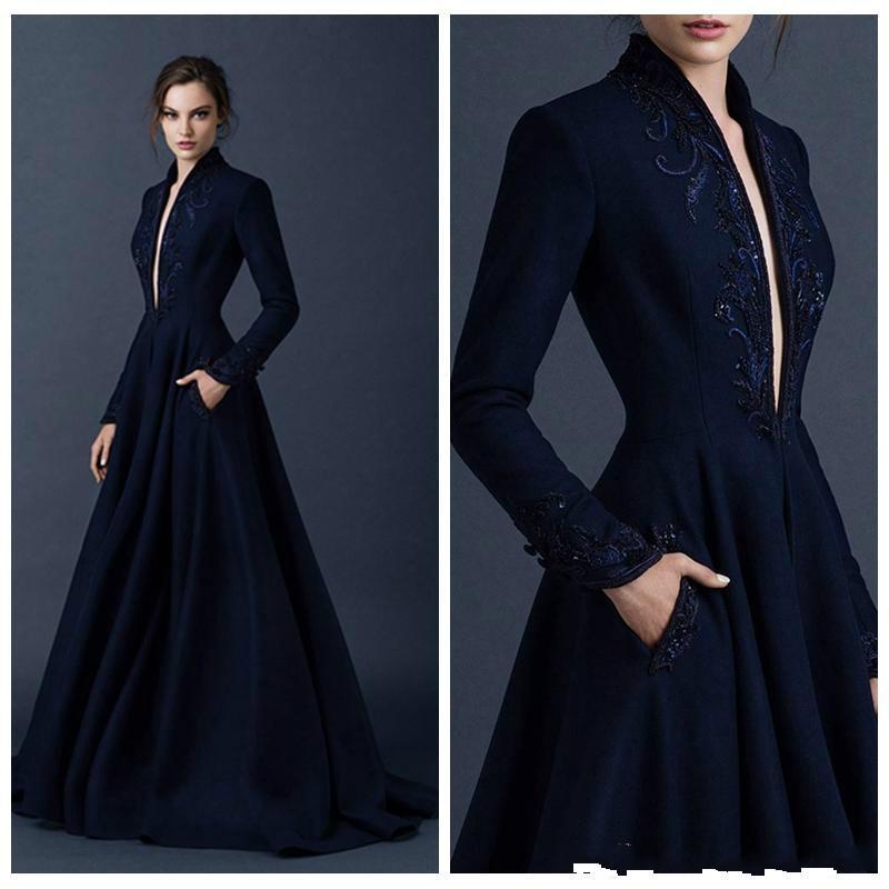 Свадьба - Navy Blue Satin Evening Dresses 2016 Paolo Sebastian Custom Made Beaded Ball Gown Plunging V Neck Ball Gowns Formal Run Fashion Custom Train Online with $112.88/Piece on Hjklp88's Store 