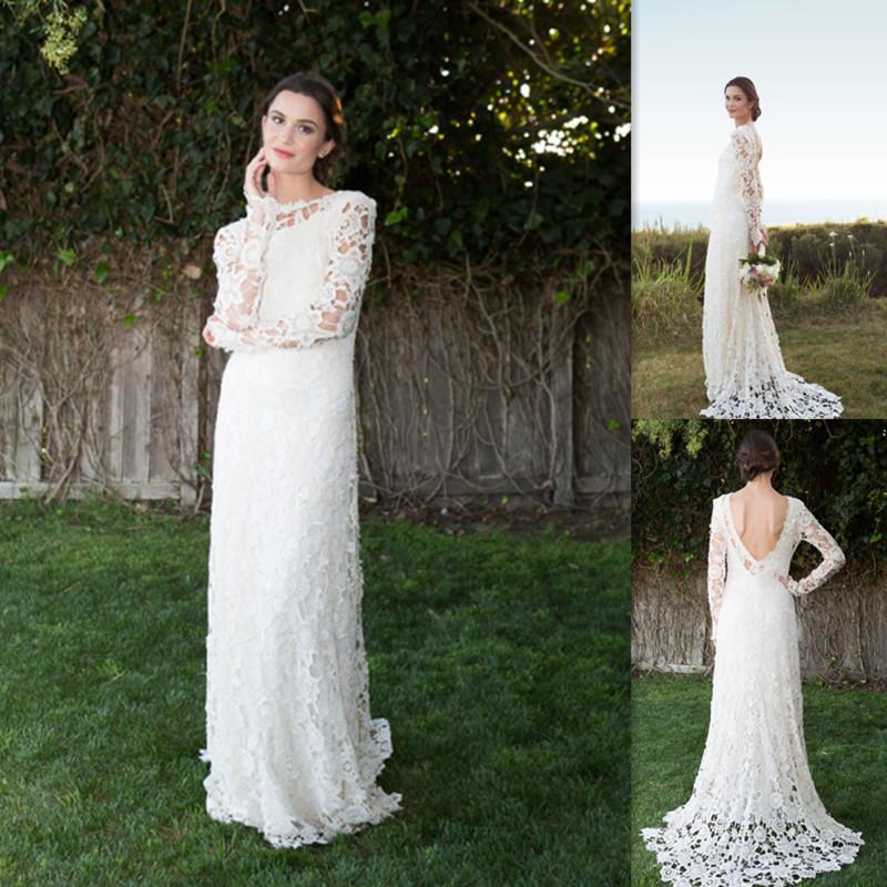 Mariage - Elegant Long Sleeves Bohemian Wedding Dresses 2016 Sheer White Lace A-line Open Back Sweep Length Bridal Dress Ball Gowns For Brides Online with $129.95/Piece on Hjklp88's Store 