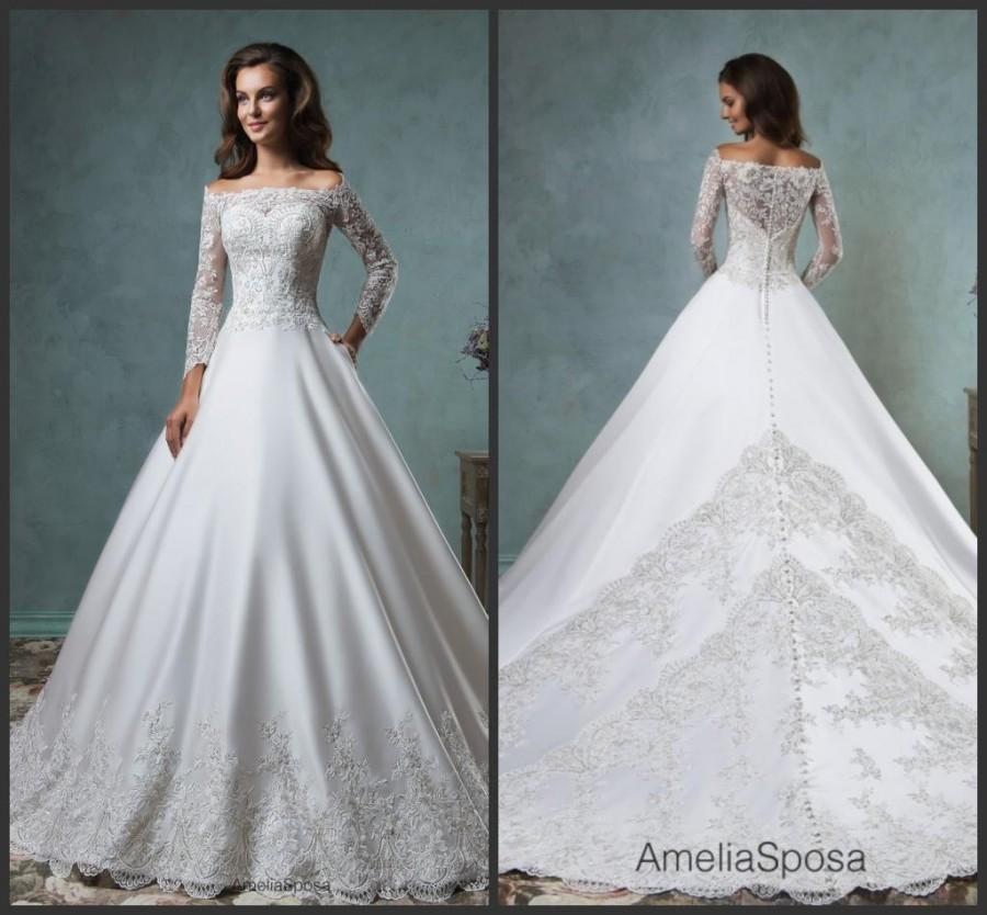 Mariage - Vintage Amelia Sposa Long Sleeve 2016 Wedding Dresses Satin Applique Court Train A-Line Church Bridal Dresses Ball Gowns Winter Fall Online with $144.19/Piece on Hjklp88's Store 