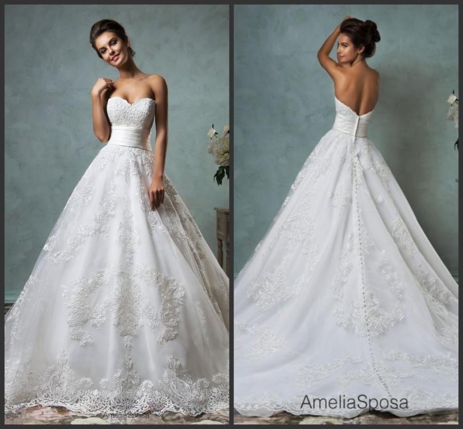 Wedding - Stunning 2016 Amelia Sposa White Wedding Dresses Sweetheart Draped Sleeveless Lace Applique A-Line Bridal Dresses Ball Gowns Court Train Online with $128.62/Piece on Hjklp88's Store 