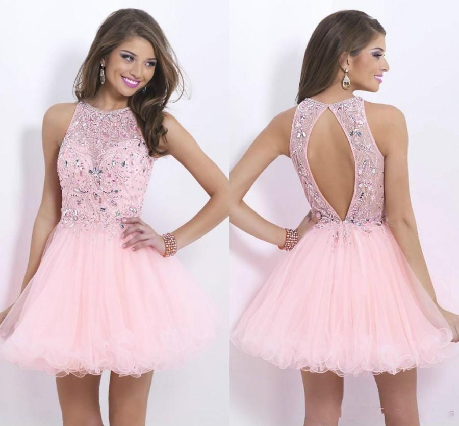 Wedding - Stunning Crystal Sheer 2016 Homecoming Dresses Beaded Tulle Crew Hollow Back Pink Cocktail Dresses Ball Gowns Club Wear Short Prom Party Online with $100.79/Piece on Hjklp88's Store 