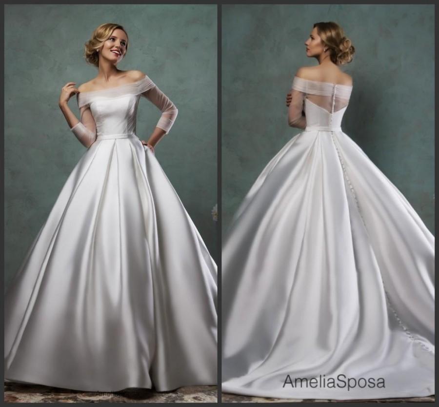 زفاف - Newest Long Sleeve Illusion Wedding Dresses 2016 Amelia Sposa Bateau Neck Satin A-Line Stunning Custom Vestido De Novia Bridal Gowns Ball Online with $132.18/Piece on Hjklp88's Store 