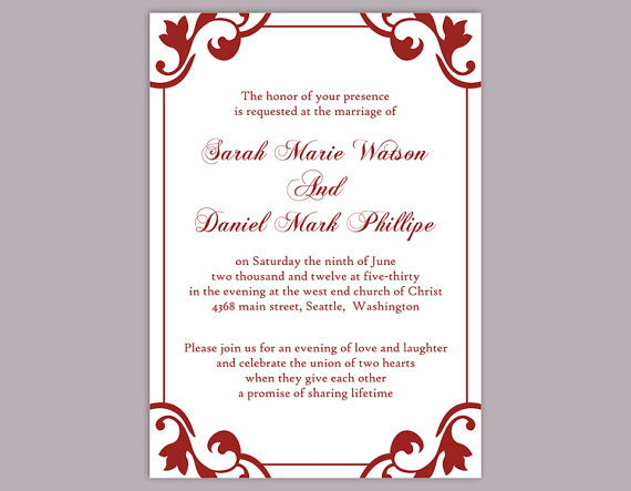Wedding - DIY Wedding Invitation Template Editable Word File Instant Download Elegant Printable Invitation Red Wedding Invitation Maroon Invitation