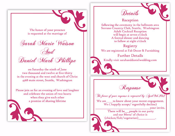 Hochzeit - DIY Wedding Invitation Template Set Editable Word File Instant Download Printable Invitation Fuchsia Wedding Invitation Hot Pink Invitation