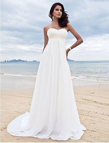 Hochzeit - Embroidery Beading Sequins Empire Sweetheart Long Beach Wedding Dress