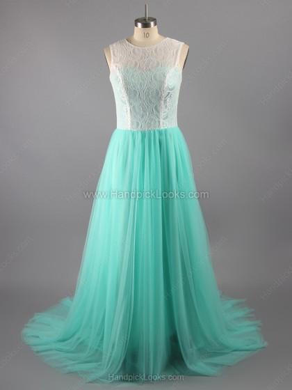 Mariage - Canada A-line Sweep Train Tulle Scoop Neck Ruffles Prom Dresses