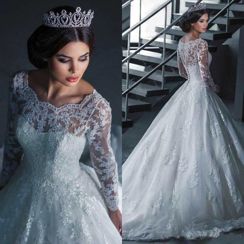 Mariage - Vintage Lace Wedding Dresses Sequins Sheer Illusion Winter Fall Long Sleeve See Through 2016 A Line Bridal Ball Gown Vestido De Noiva Online with $135.29/Piece on Hjklp88's Store 