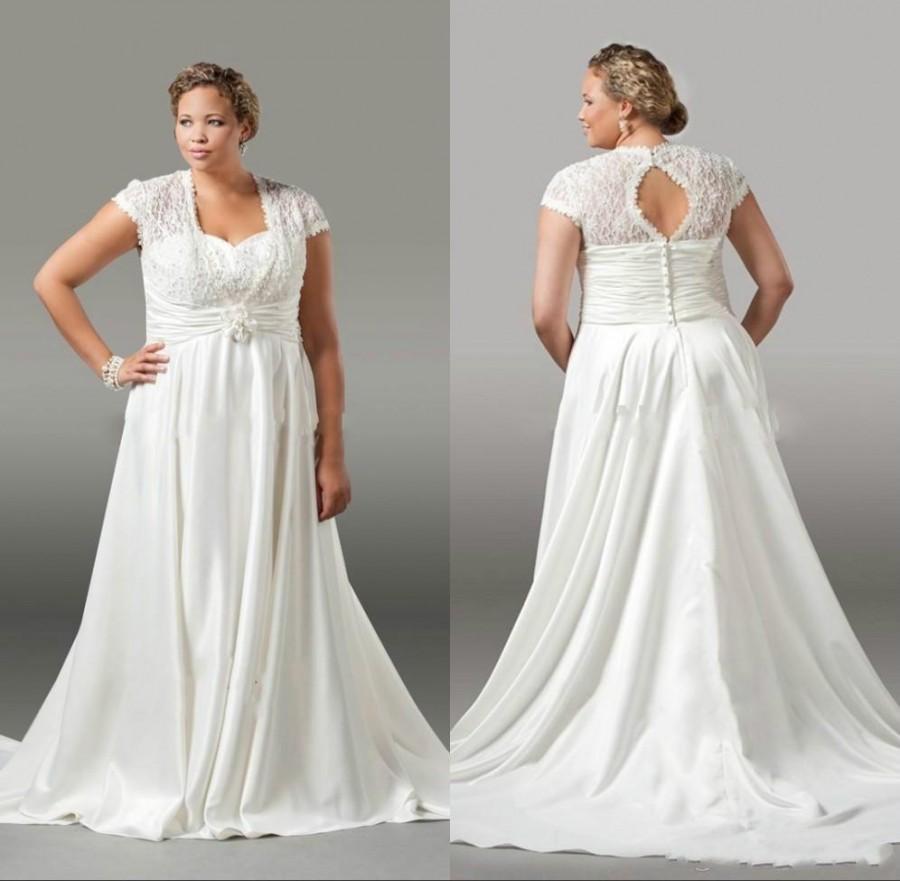 Elegant Plus Size Wedding Dresses Lace Pleated 2016 Spring White Capped Sleeve A Line Bridal