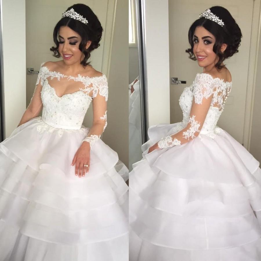 Wedding - Gorgeous 2015 Illusion Wedding Dresses Applique Long Sleeve Bridal Gown Button Cover Lace Tiers Organza Bride Dresses Custom Made New Sexy Online with $135.29/Piece on Hjklp88's Store 