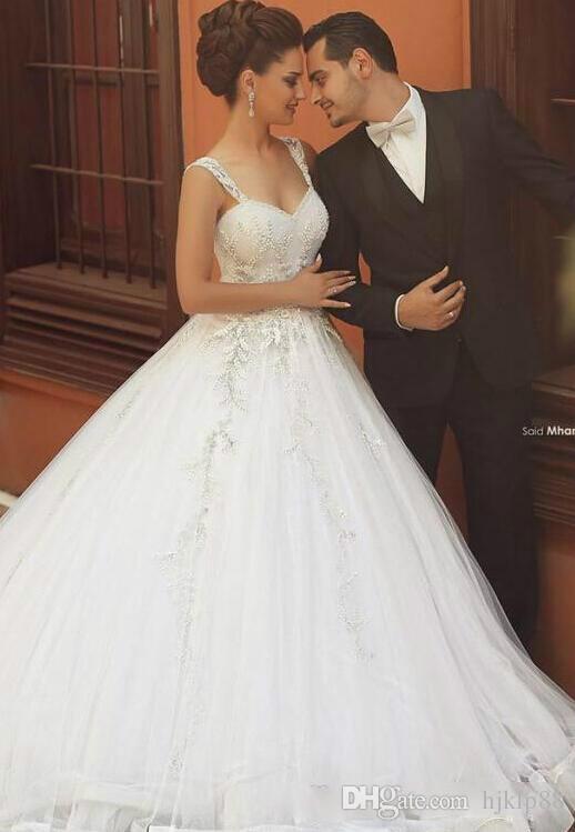 Wedding - Princess Lace Wedding Dresses 2015 Tulle Arbic Chapel Train White Ivory Bridal Ball Sweetheart Neck Plus Size Lace Up Back Wedding Gowns Online with $133.51/Piece on Hjklp88's Store 