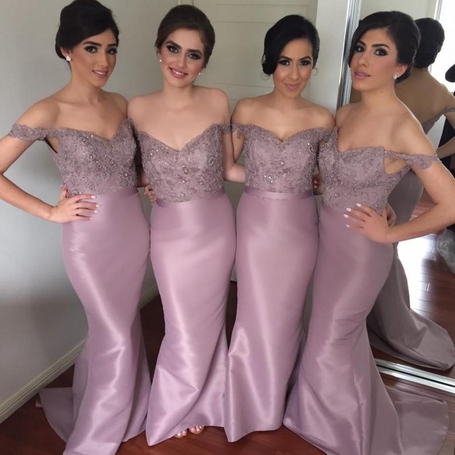 Wedding - Dramatic Mermaid 2015 Sexy Bridesmaid Dresses Formal Evening Off Shoulder Satin Applique Beads Long Prom Party Dresses Formal Gowns Online with $74.99/Piece on Hjklp88's Store 