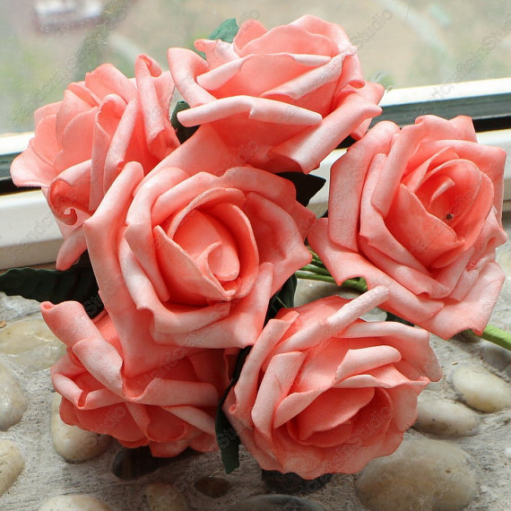 Hochzeit - 72 pcs Coral Artificial Flowers For Wedding Decor Bouquet Coral Roses Centerpieces