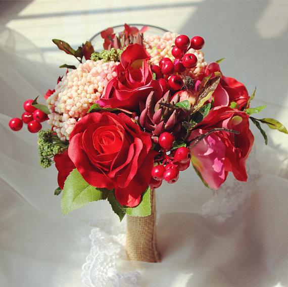 Hochzeit - Red Bridal Bouquet Red Berry Silk Roses Succulent Bouquet For Brides Bridesmaids Bouquet For Outdoor Wedding