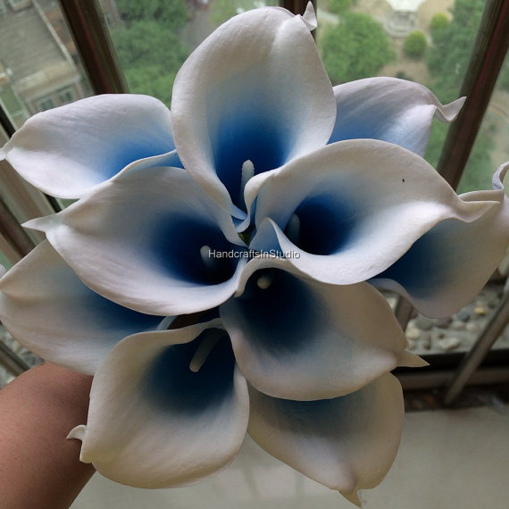 Hochzeit - Real Touch Picasso Blue Calla Lilies Bouquet 10pcs/Set Blue Heart Calla Lily For Bridal Bouquets