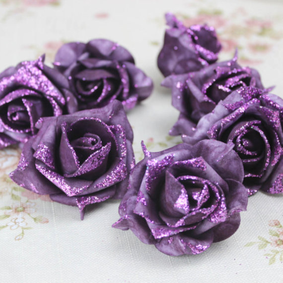 Wedding - 100pcs Purple Foam Flower Heads Glitter Rose Heads For DIY Hair Clips Wedding Cake Decor